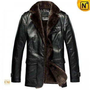Mens Black Beaver Fur Lined Leather Coat CW833337-CWMALLS.COM